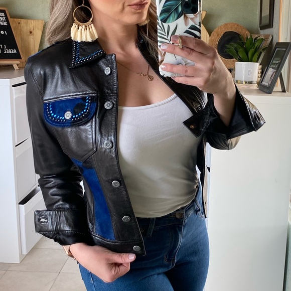 Kippys Black Western Leather Jacket with Blue Calf Hair and Rhinestones Small - Picture 9 of 16